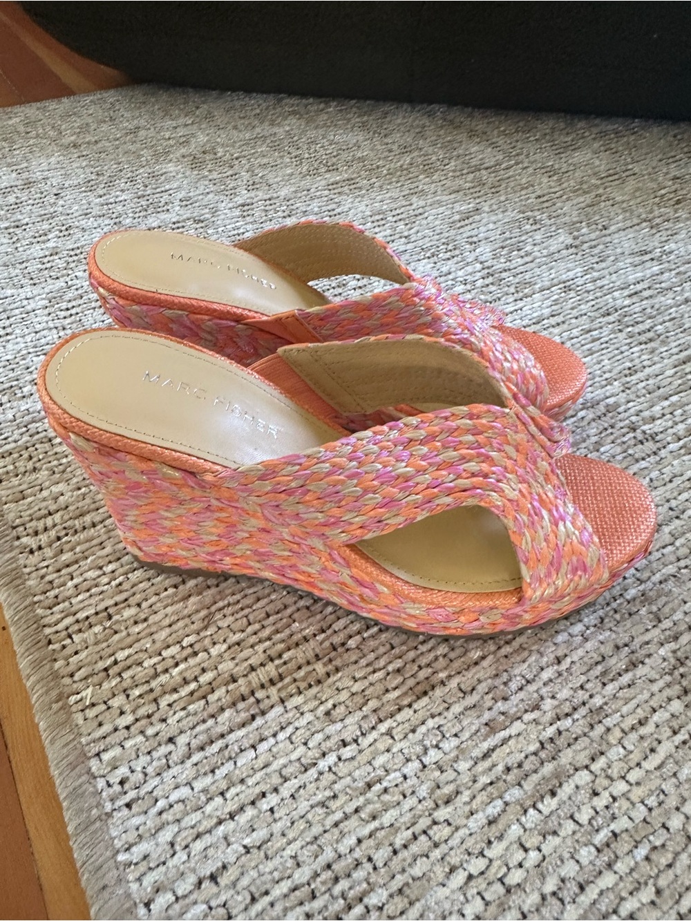 Marc Fisher Coral Pink Multicolor Braided Wedge Sandals